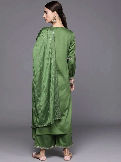 Libas Green Embroidered Silk Blend Straight Kurta With Palazzos & Dupatta
