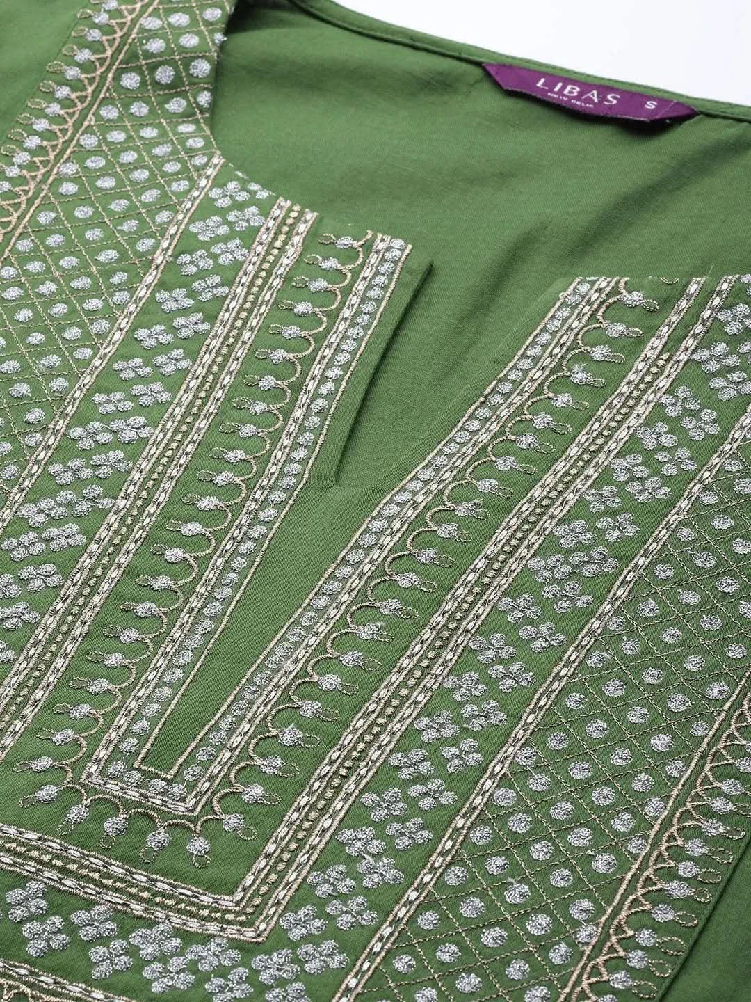 Libas Green Embroidered Silk Blend Straight Kurta With Palazzos & Dupatta