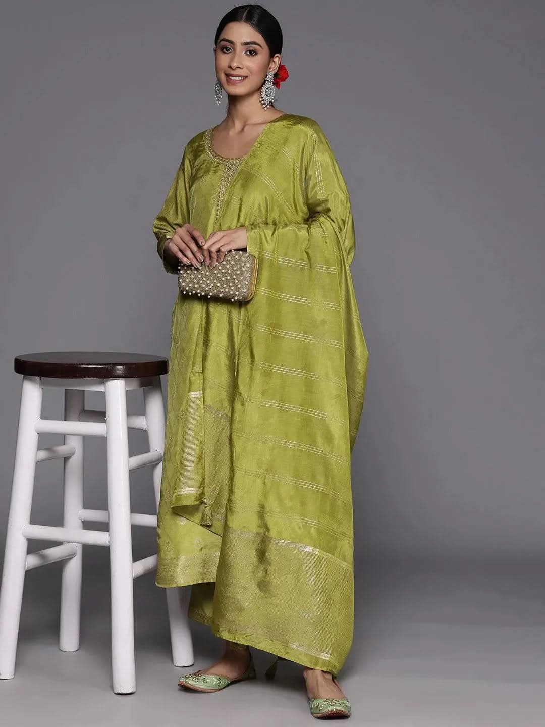 Libas Green Embroidered Silk Blend Straight Kurta With Trousers & Dupatta