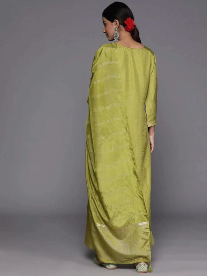 Libas Green Embroidered Silk Blend Straight Kurta With Trousers & Dupatta