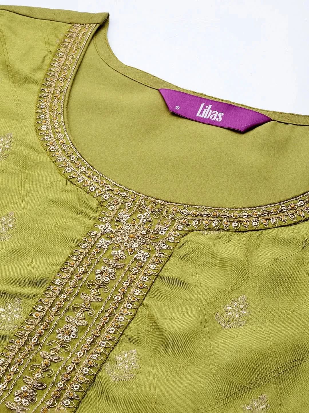 Libas Green Embroidered Silk Blend Straight Kurta With Trousers & Dupatta