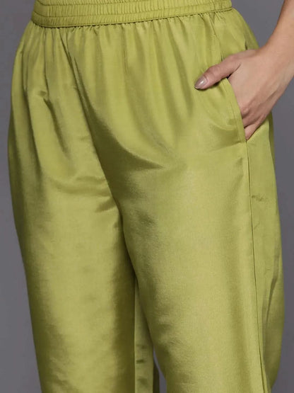 Libas Green Embroidered Silk Blend Straight Kurta With Trousers & Dupatta