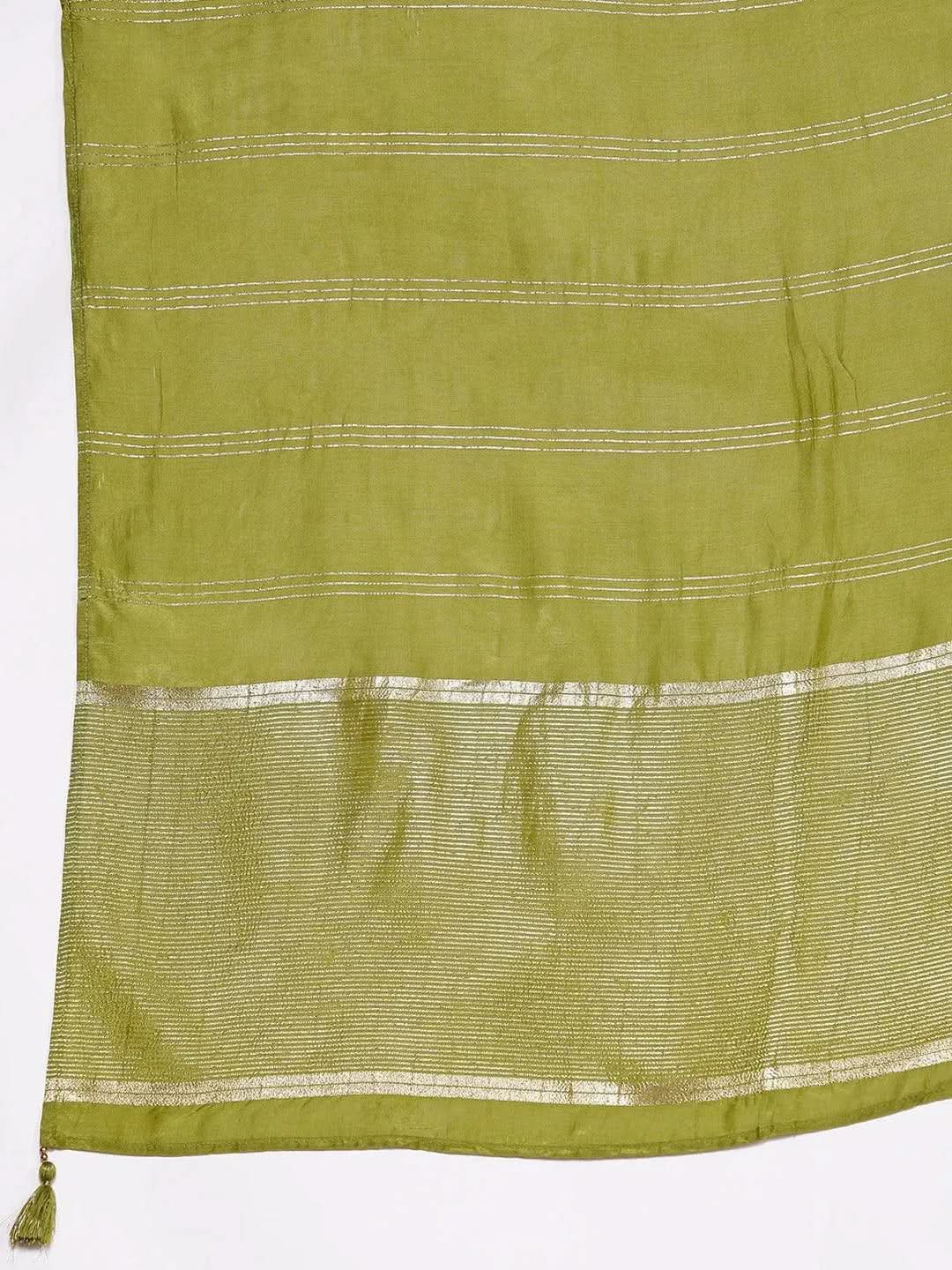Libas Green Embroidered Silk Blend Straight Kurta With Trousers & Dupatta