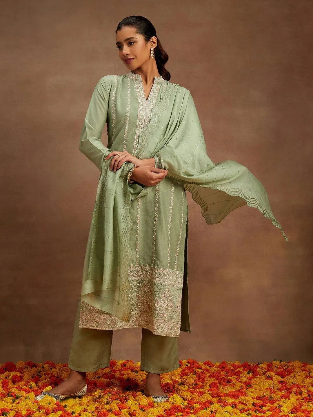 Libas Green Embroidered Silk Straight Suit With Dupatta