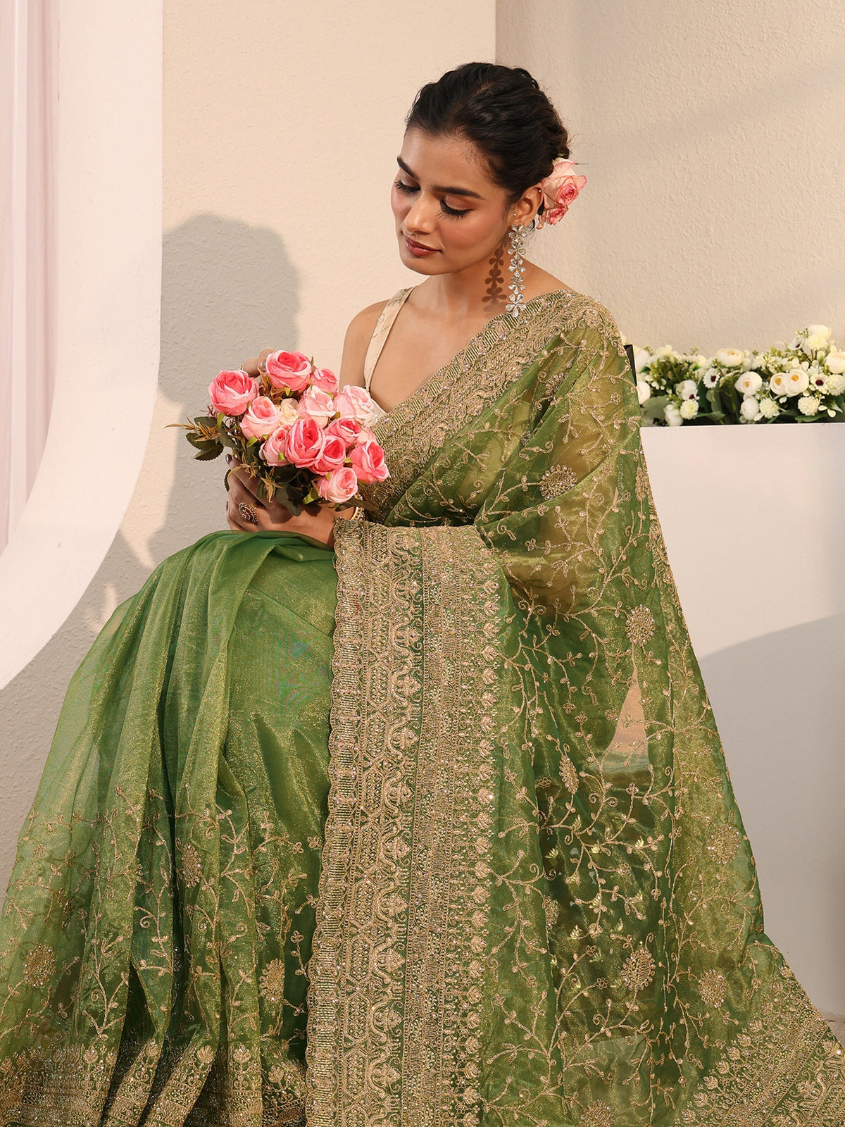 Libas Green Floral Embellished Net Saree With Unstitched Blouse Piece