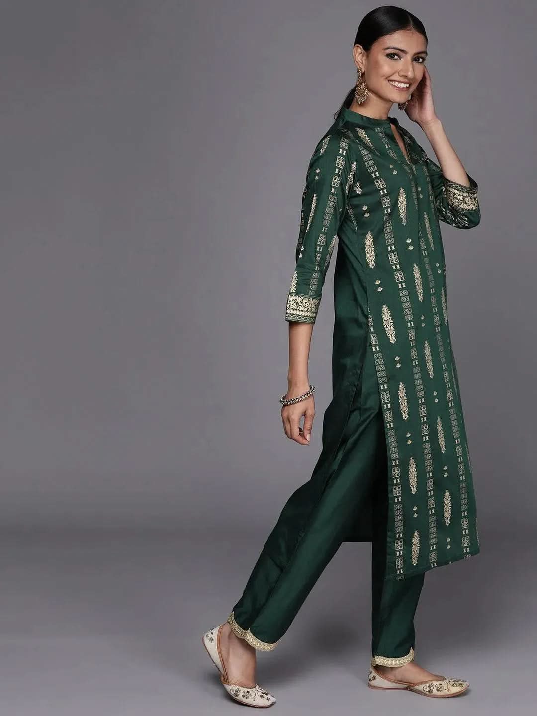 Libas Green Printed Chanderi Silk Straight Kurta With Dupatta