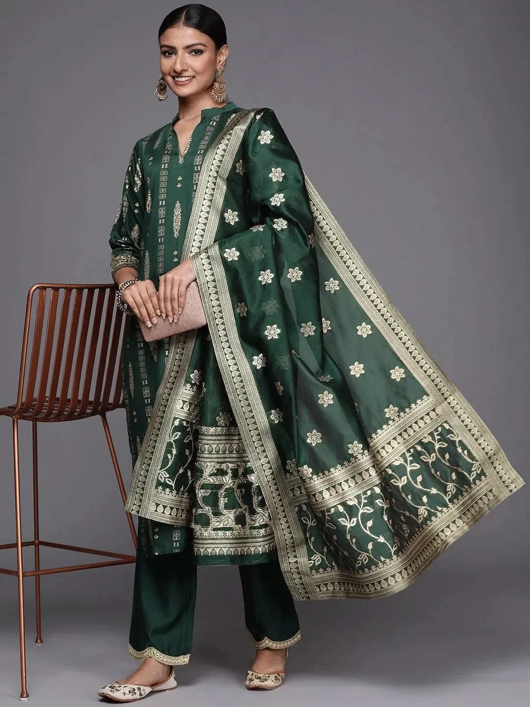 Libas Green Printed Chanderi Silk Straight Kurta With Dupatta