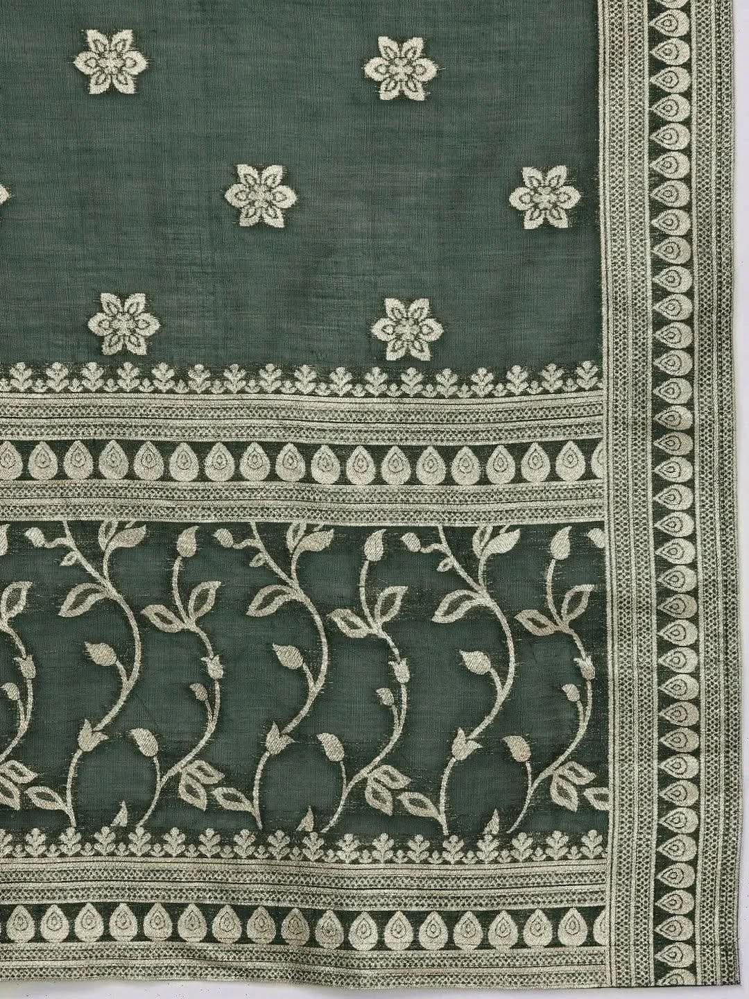 Libas Green Printed Chanderi Silk Straight Kurta With Dupatta