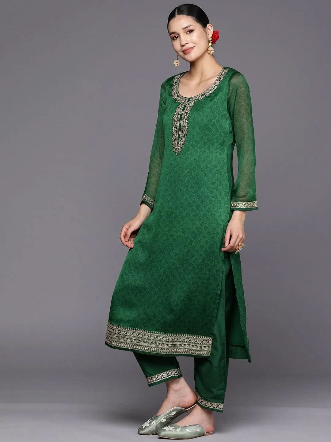 Libas Green Printed Chiffon Straight Kurta With Trousers & Dupatta