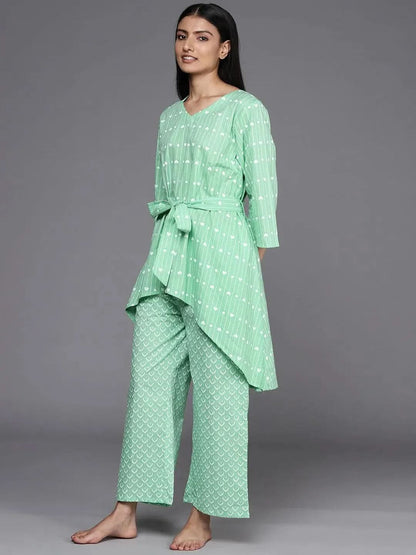 Libas Green Printed Cotton A-Line Kurta With Palazzos