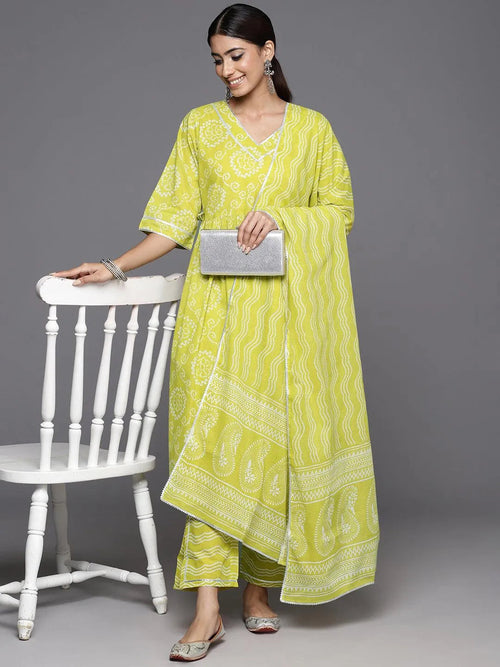 Libas Green Printed Cotton A-Line Kurta With Trousers & Dupatta