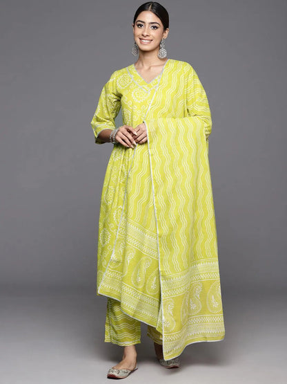 Libas Green Printed Cotton A-Line Kurta With Trousers & Dupatta