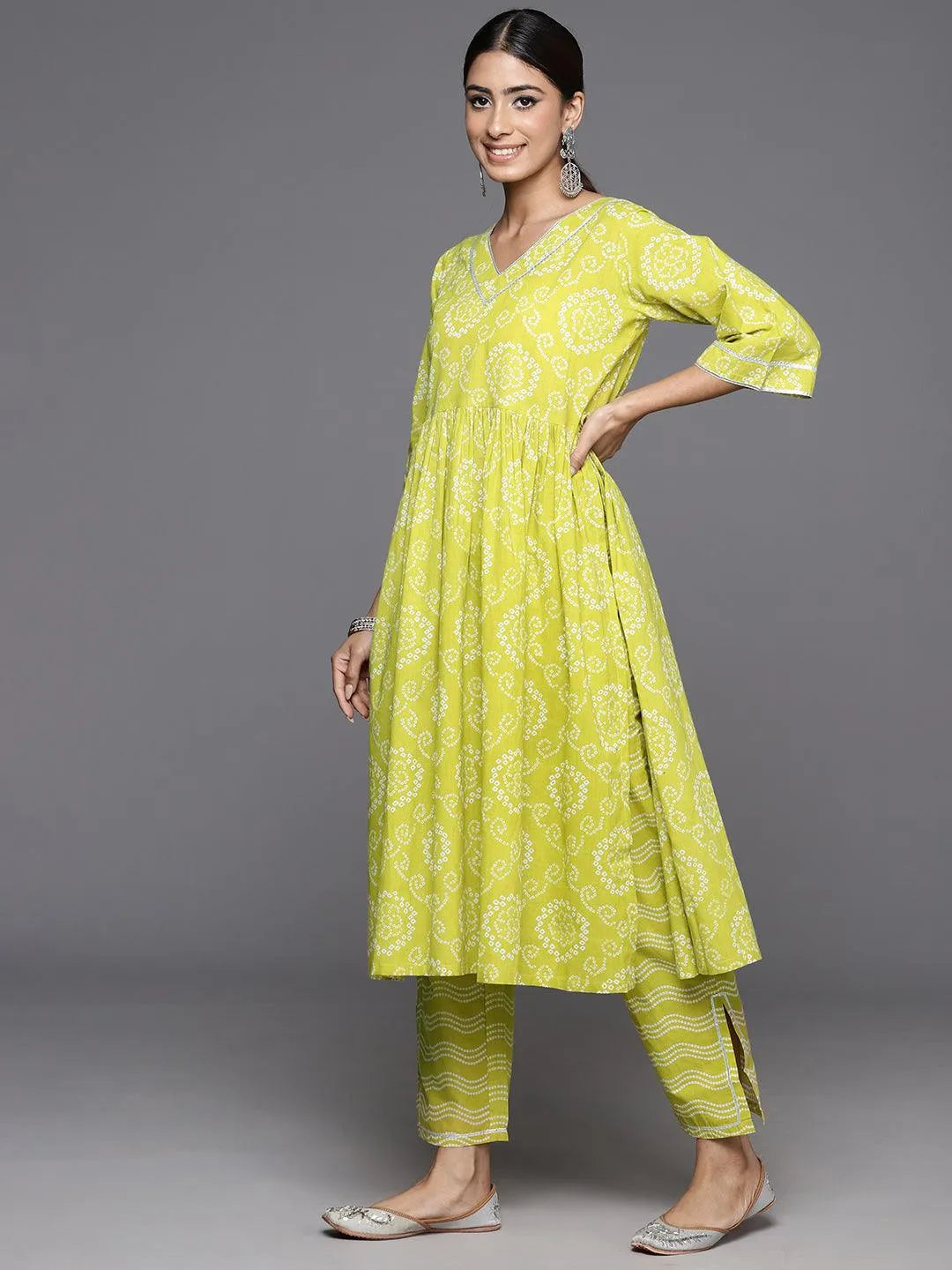 Libas Green Printed Cotton A-Line Kurta With Trousers & Dupatta