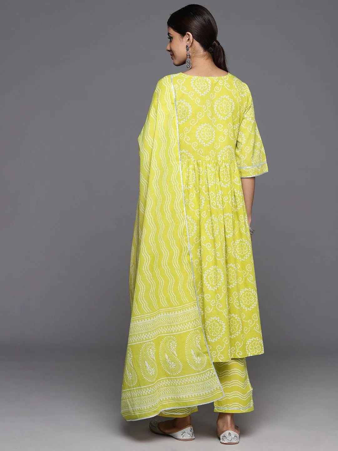 Libas Green Printed Cotton A-Line Kurta With Trousers & Dupatta