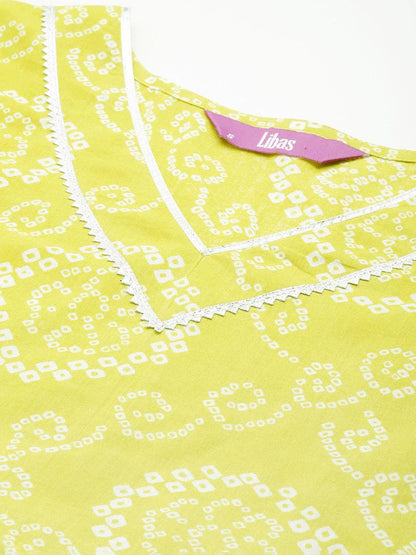 Libas Green Printed Cotton A-Line Kurta With Trousers & Dupatta