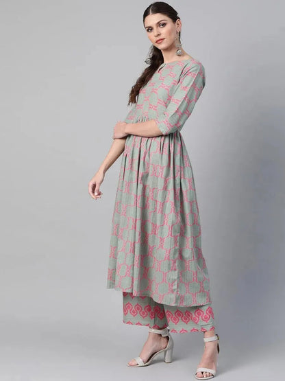 Libas Green Printed Cotton A-Line Kurta With Trousers