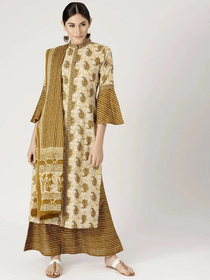 Libas Green Printed Cotton Straight Kurta With Palazzos & Dupatta