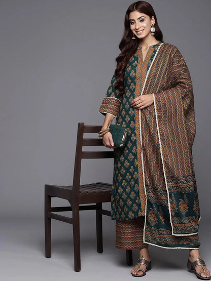 Libas Green Printed Cotton Straight Suit With Dupatta