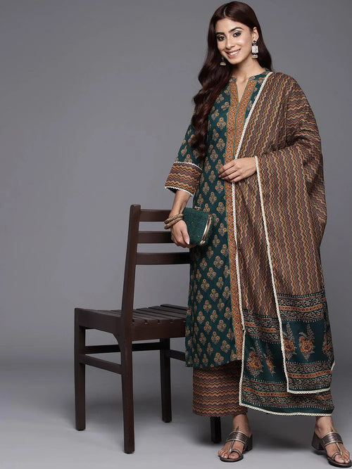 Libas Green Printed Cotton Straight Suit With Dupatta