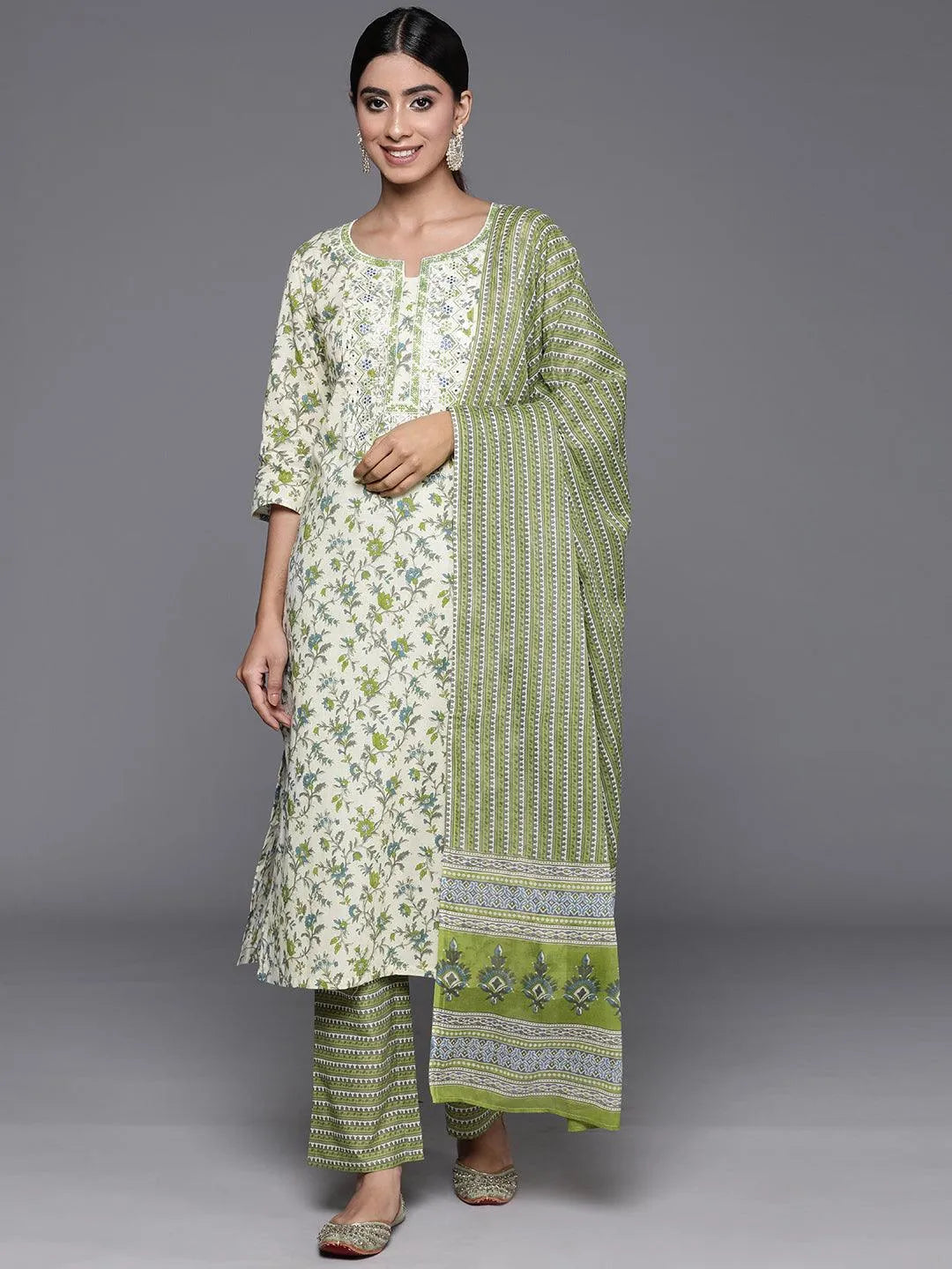 Libas Green Printed Cotton Straight Suit With Dupatta