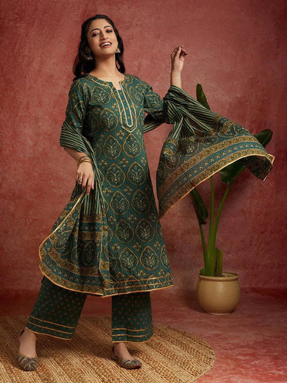 Libas Green Printed Cotton Straight Suit With Dupatta