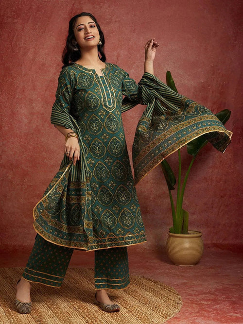 Libas Green Printed Cotton Straight Suit With Dupatta