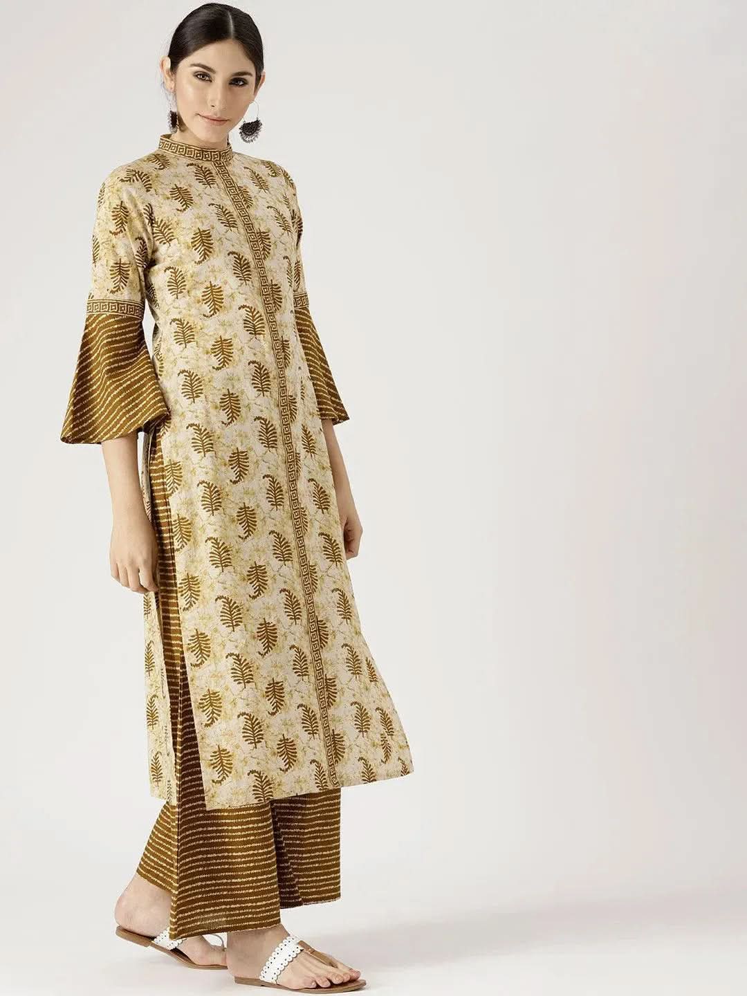 Libas Green Printed Cotton Straight Kurta With Palazzos & Dupatta