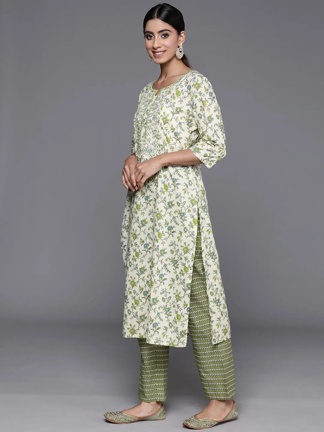 Libas Green Printed Cotton Straight Suit With Dupatta