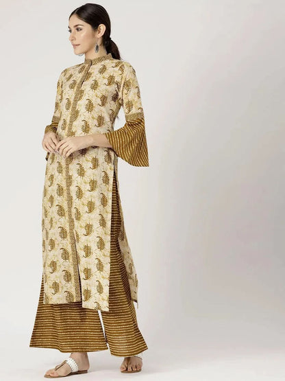 Libas Green Printed Cotton Straight Kurta With Palazzos & Dupatta