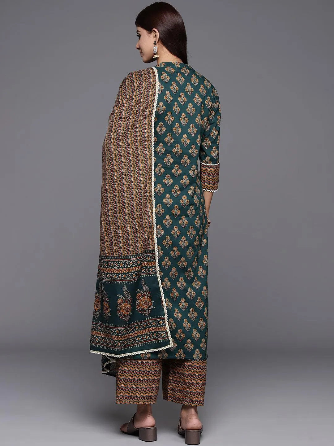 Libas Green Printed Cotton Straight Suit With Dupatta