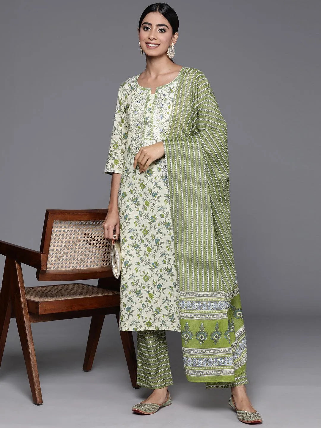 Libas Green Printed Cotton Straight Suit With Dupatta