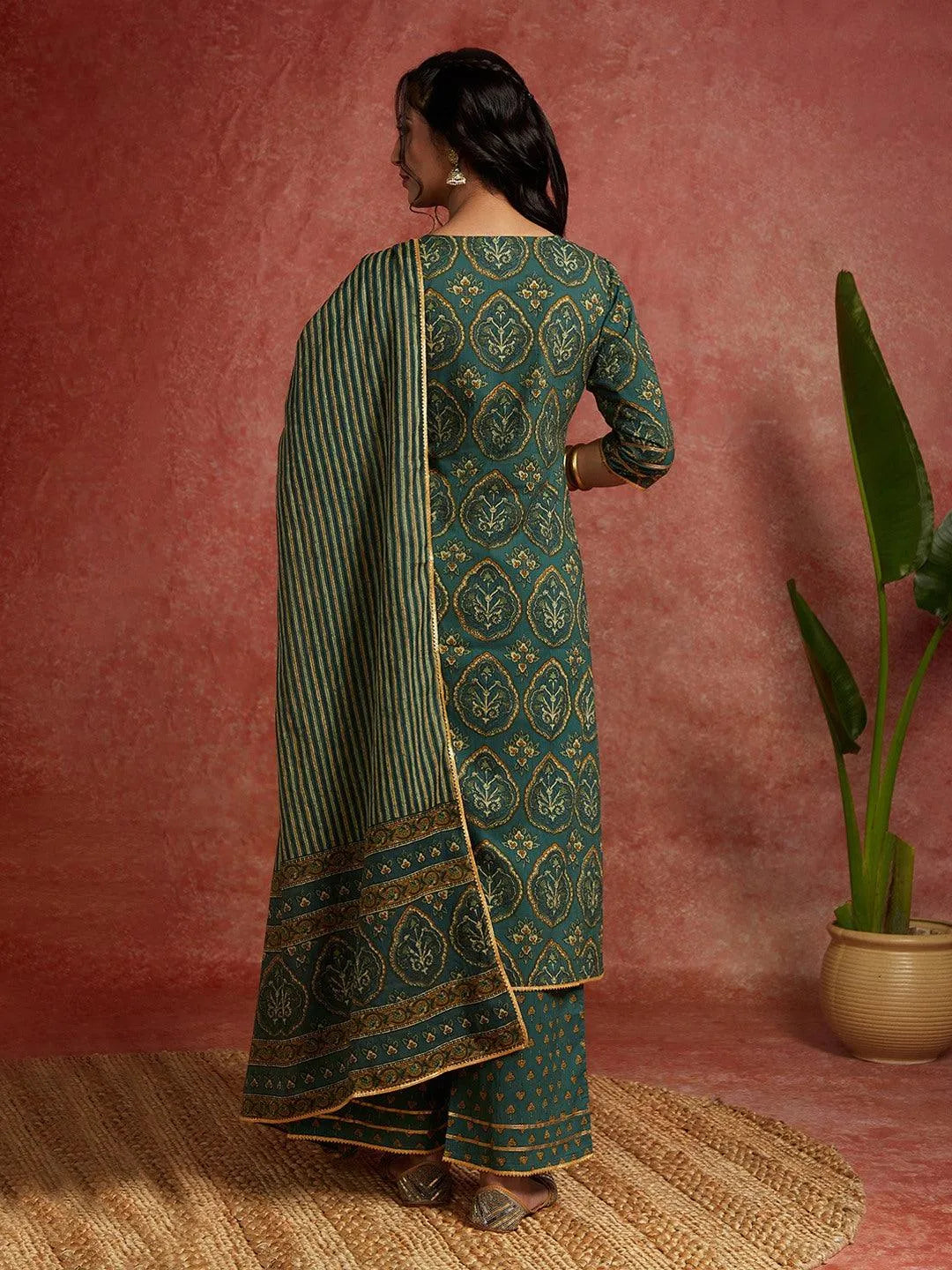 Libas Green Printed Cotton Straight Suit With Dupatta