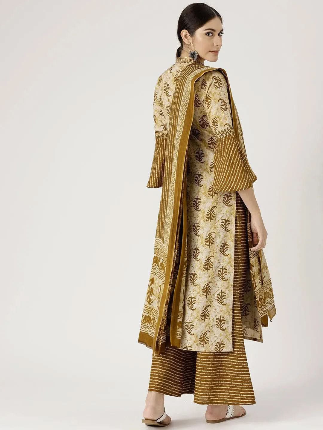 Libas Green Printed Cotton Straight Kurta With Palazzos & Dupatta