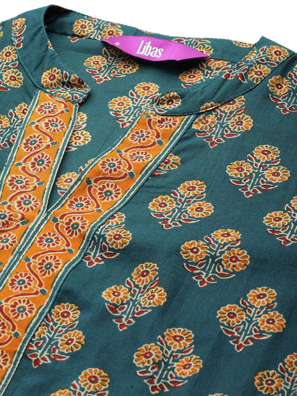 Libas Green Printed Cotton Straight Suit With Dupatta