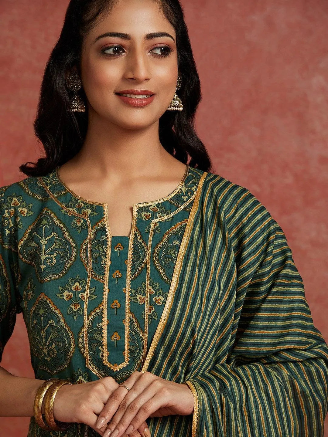 Libas Green Printed Cotton Straight Suit With Dupatta