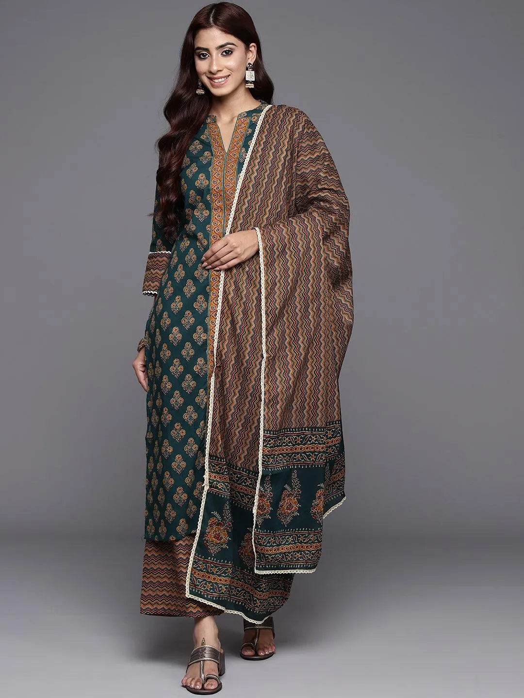 Libas Green Printed Cotton Straight Suit With Dupatta