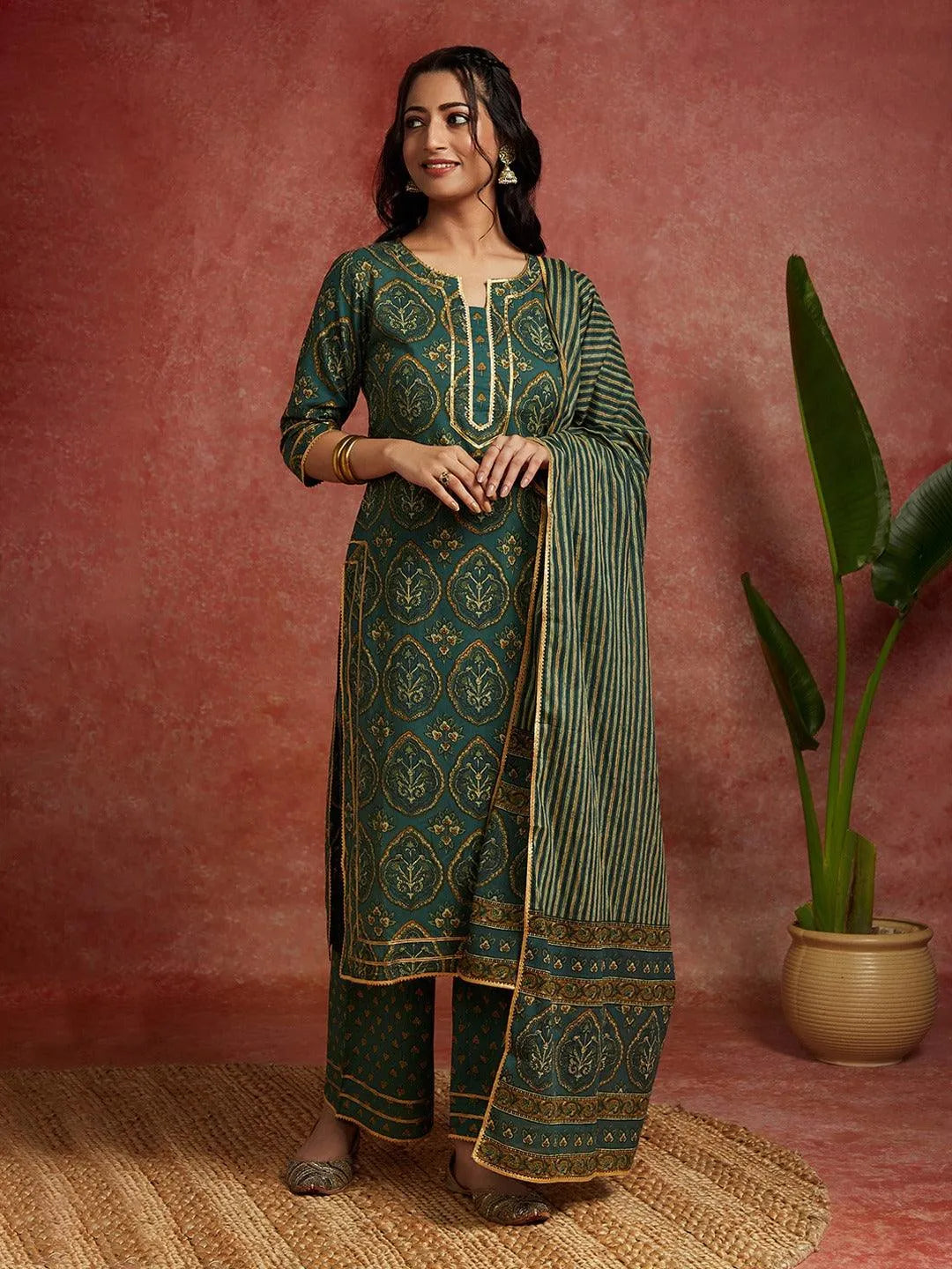 Libas Green Printed Cotton Straight Suit With Dupatta
