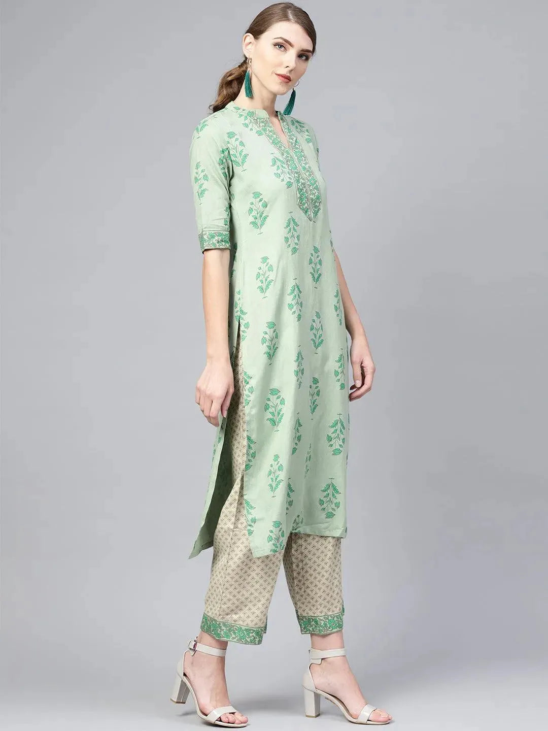 Libas Green Printed Cotton Straight Kurta With Palazzos