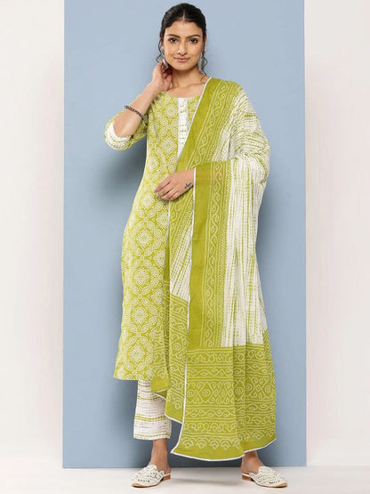 Libas Green Printed Cotton Straight Kurta With Trousers & Dupatta