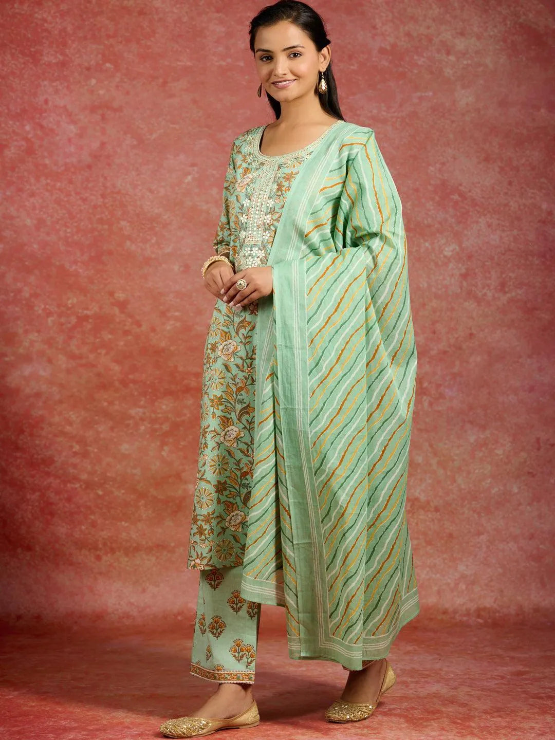 Libas Green Printed Cotton Straight Suit With Dupatta