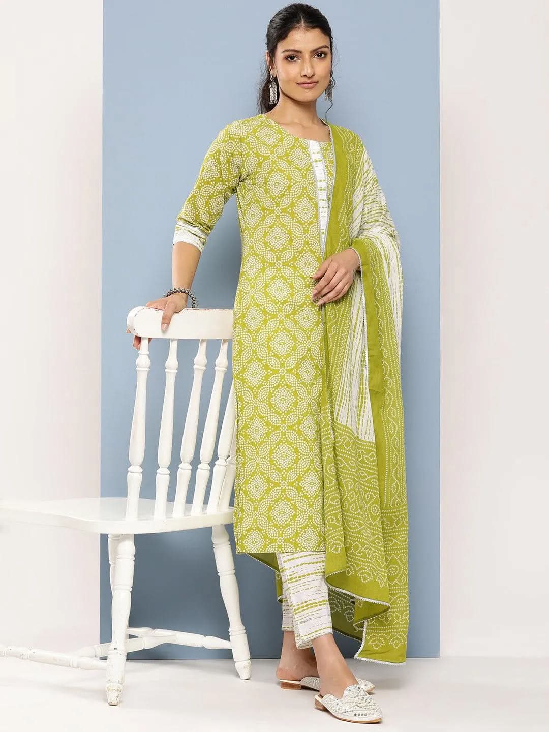 Libas Green Printed Cotton Straight Kurta With Trousers & Dupatta