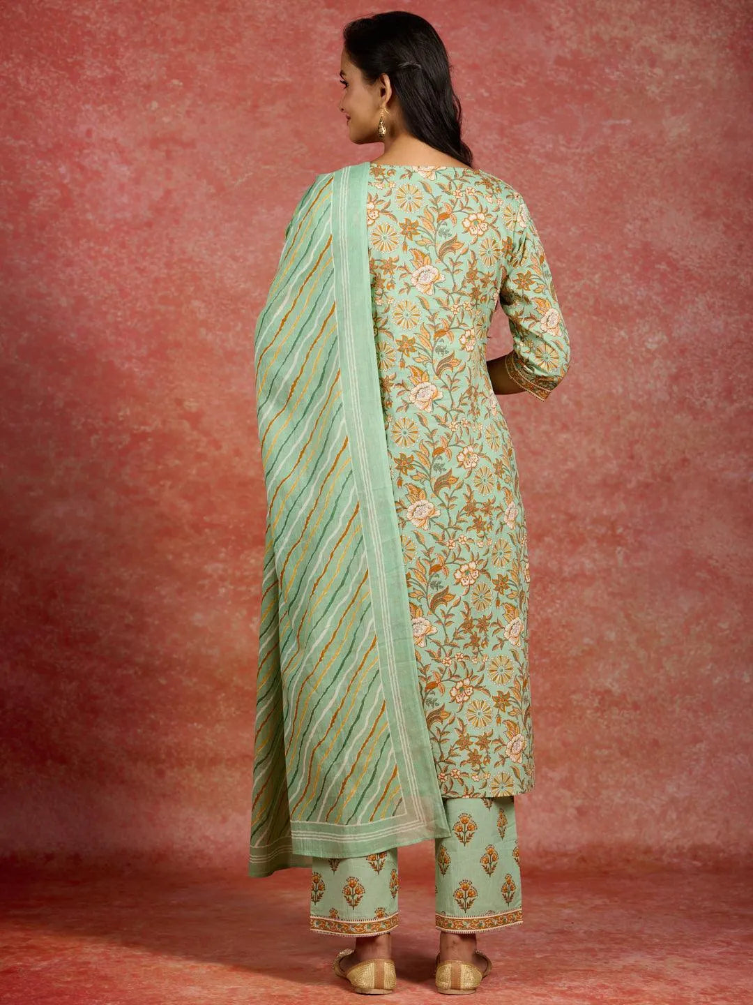Libas Green Printed Cotton Straight Suit With Dupatta