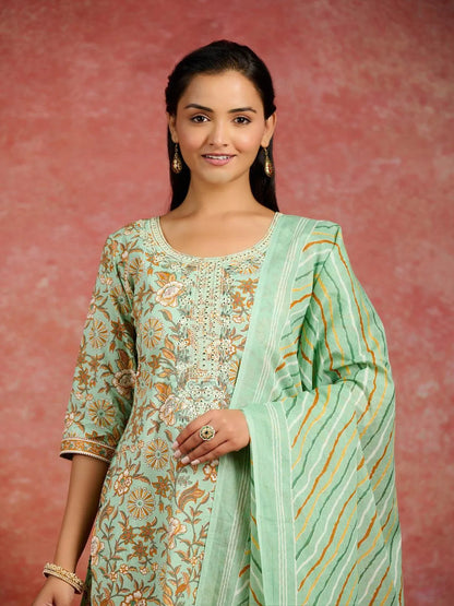 Libas Green Printed Cotton Straight Suit With Dupatta