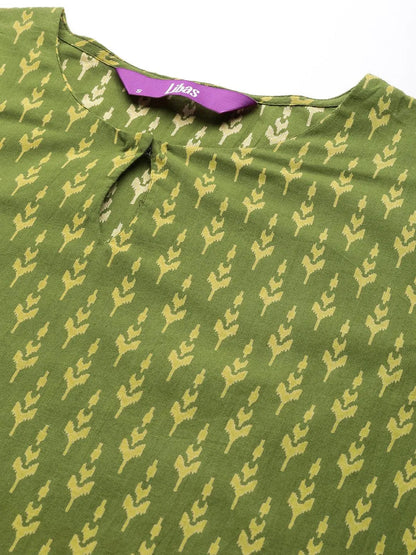 Libas Green Printed Cotton Straight Suit With Dupatta