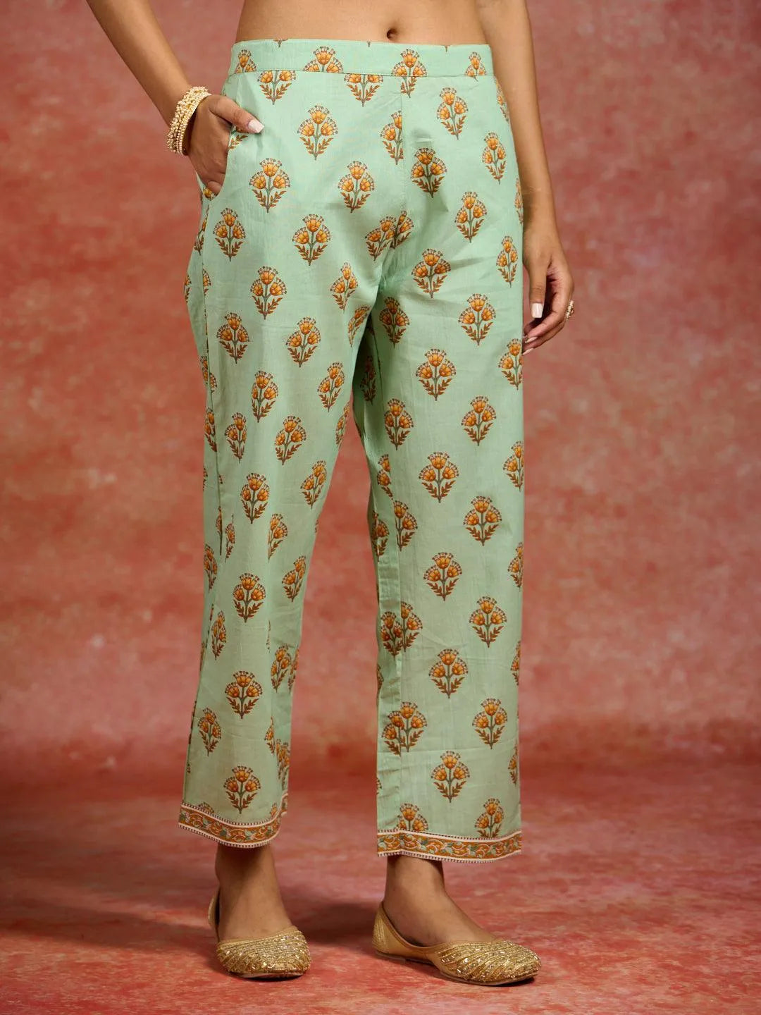 Libas Green Printed Cotton Straight Suit With Dupatta