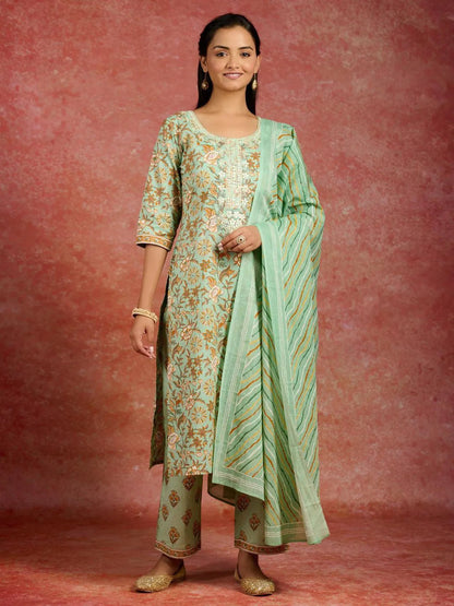 Libas Green Printed Cotton Straight Suit With Dupatta