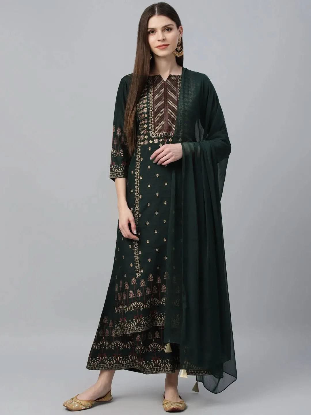 Libas Green Printed Polyester Straight Kurta With Palazzos & Dupatta