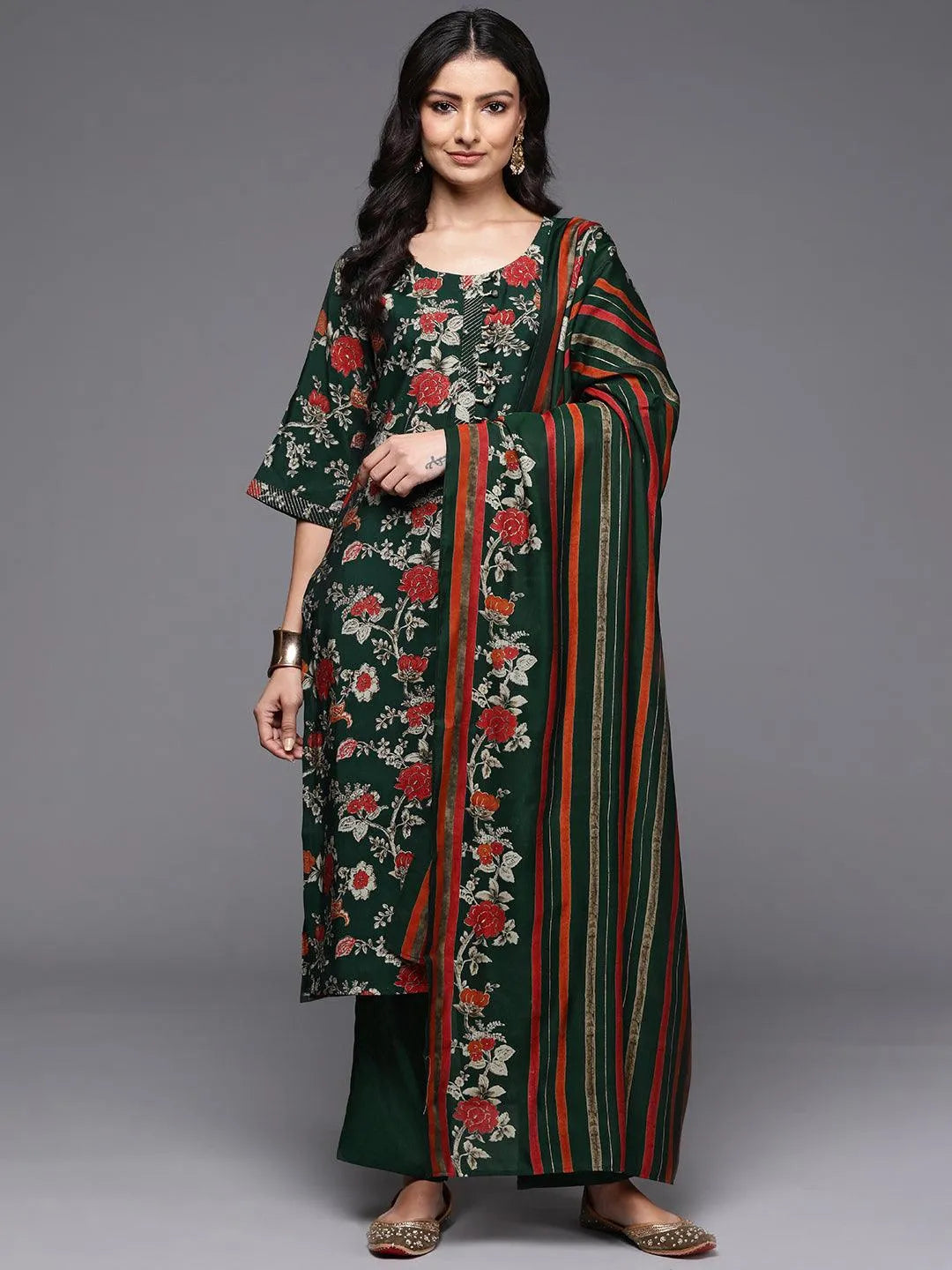 Libas Green Printed Silk Blend Straight Suit With Dupatta