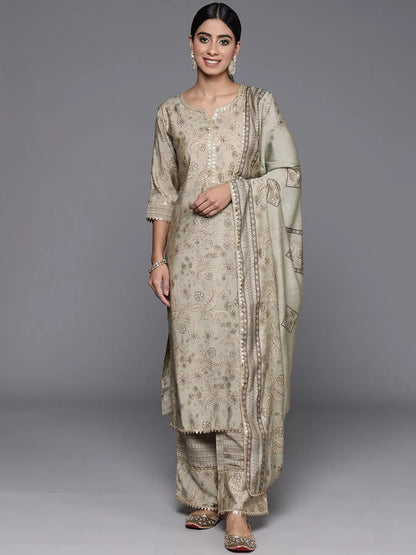Libas Green Printed Silk Blend Straight Suit With Dupatta