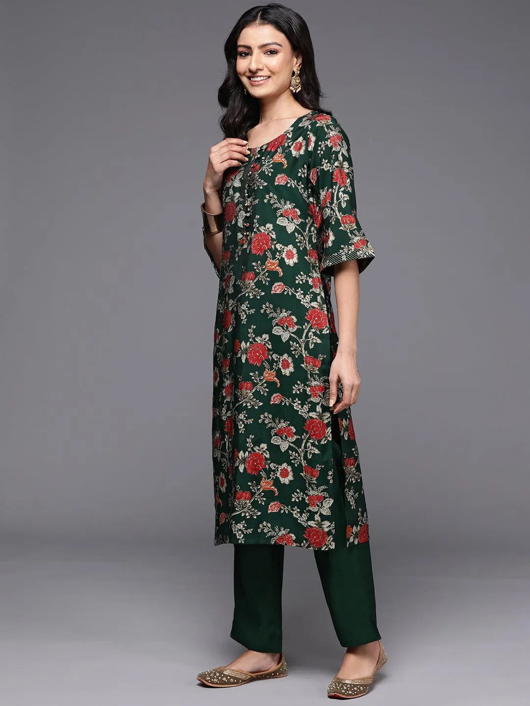 Libas Green Printed Silk Blend Straight Suit With Dupatta